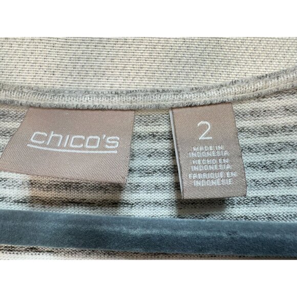 Chicos Womens Knitted Sweater Size 2 Gray Striped Pullover Lace Up Long Sleeves - Picture 2 of 14